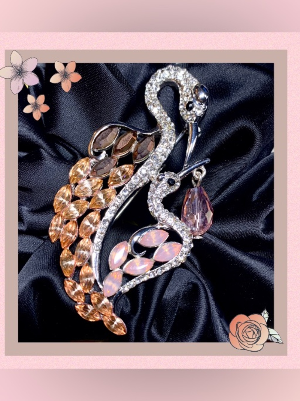 Crystal Swan Brooch w/Crystal Dangle